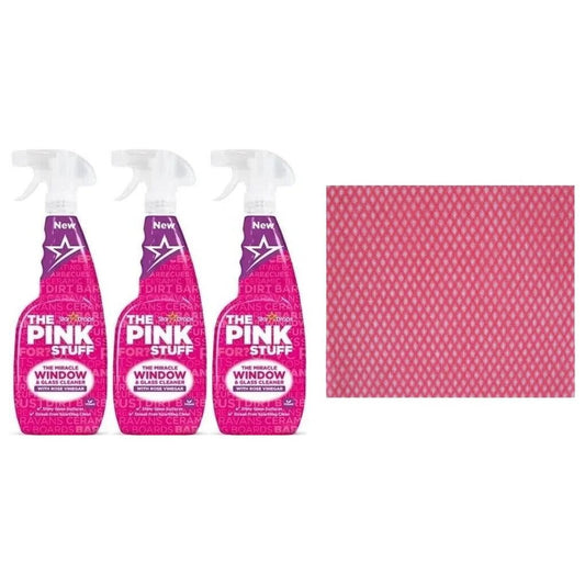 3 x The Pink Stuff, Window&Glass Cleaner Spray&Rose Vinegar-750ml+Cleaning cloth