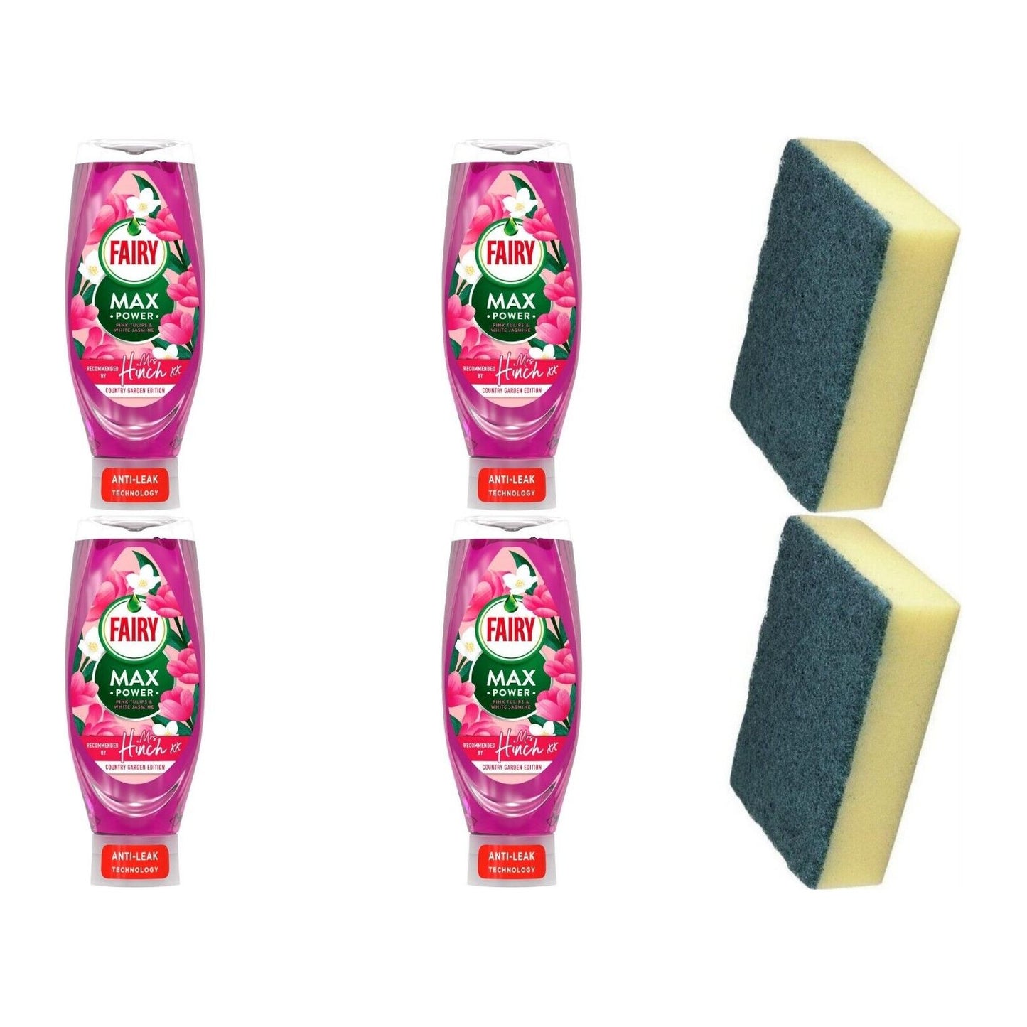 4 x Fairy Dish Washing MaxPower Pink Tulips & White Jasmine640ml+Cleaning Sponge