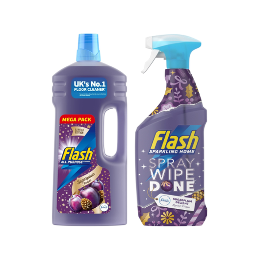 Flash Cleaning Pack Sugarplum Delight Scent: All Purpose & Floor Cleaner, 1.5L & Multi-Surface Cleaning Spray Wipe&Done, 800ml