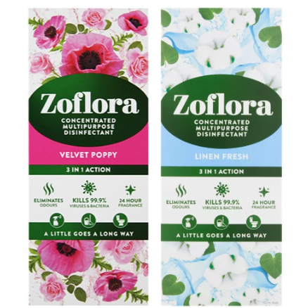 Zoflora Concentrated Multipurpose Disinfectant, Velvet Poppy + Fresh Linen Scent, 500ml, 2 Pack
