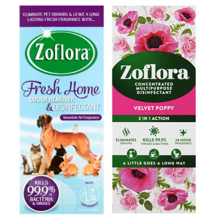 Zoflora Concentrated Multipurpose Disinfectant, Mountain Air + Velvet Poppy Scent, 500ml, 2 Pack