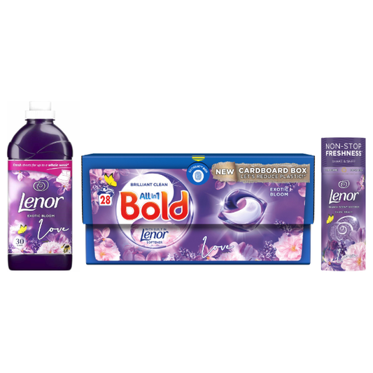 Bold & Lenor Laundry Washing Pack, Exotic Bloom Bundle Scent:Washing Capsules & Fabric Conditioner & Scent Booster Beads