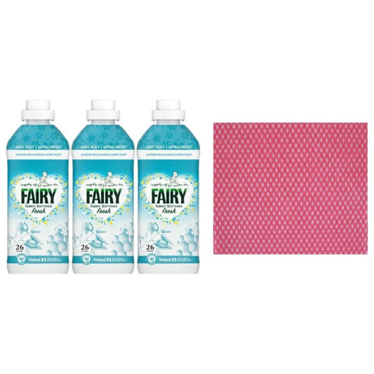 3 x Fairy Fresh Conditioner -26W,858ml,Almond Milk & Manuka Honey+CleaningCloth