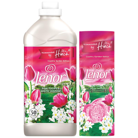 Lenor Pink Tulips & White Jasmine Bundle Scent: Fabric Conditioner, 50Washes, 1.75L + in-Wash Scent Booster Beads, 176gr