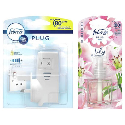 Febreze Ambi Pur Plug Air Freshener Plug-in Unit Case & Plug in Refill, Lily & Breeze Scent