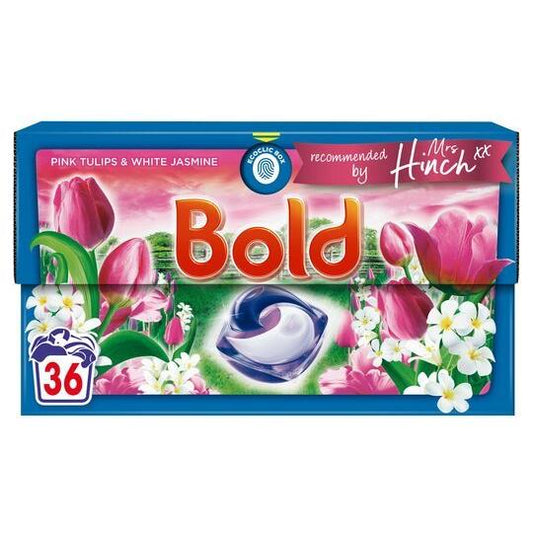 Bold All in 1 Pods Laundry Washing Liquid Capsules, Pink Tulips & White Jasmine Scent 36 Washes