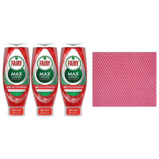 3 x Fairy Max Power Washing Up Liquid, Pomegranate,640ml+Cleaning cloth