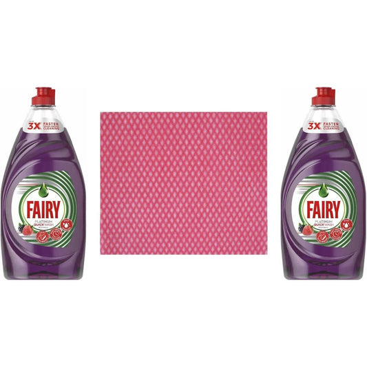 2 x Fairy Platinum,Quick Wash,Washing Up Liquid 820mlWild Berry+Cleaning cloth