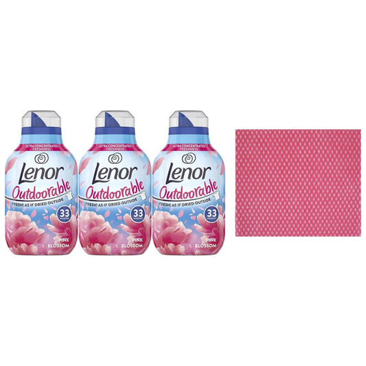 3 x Lenor Outdoorable Fabric Conditioner, Pink Blossom-33W, 462ml+Cleaning cloth