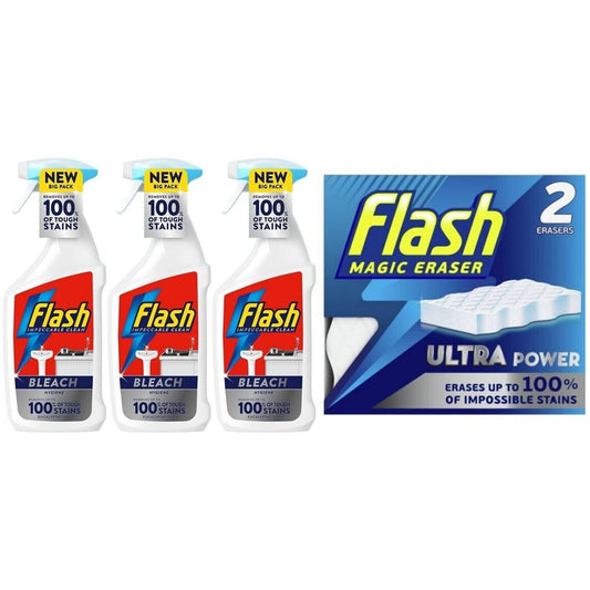 3 x Flash Bleach Cleaning Spray-Eucalyptus,800ml+Magic Eraser Ultra Power 2 Pack