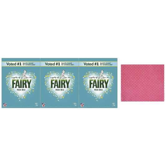 3 x Fairy Non Bio LaundryWashing PowderforSensitive Skin,10W 650gr+CleaningCloth