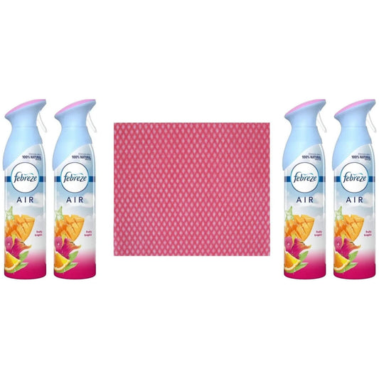4 x Febreze Air Freshener Spray-Fruity Tropics 300ml.+Cleaning cloth