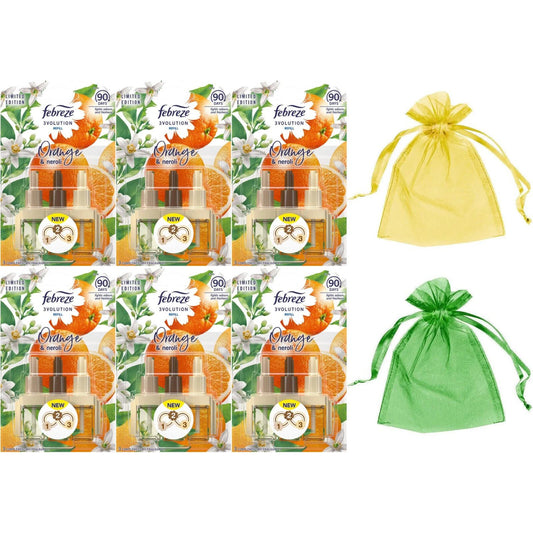 6 x Febreze 3Volution Air Freshener Refill,Orange & Neroli-20ml+Organza Bag
