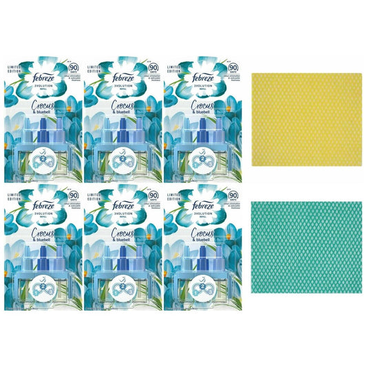 6 x Febreze 3volution Plug-in Refill,Crocus&Bluebell 20ml+CleaningCloth