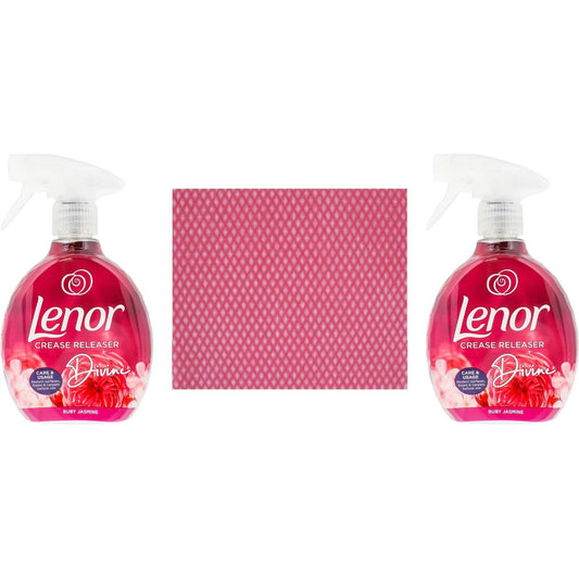 2 x Lenor Crease Releaser Spray, 500ml, Devine Ruby Jasmine+Cleaning Cloth